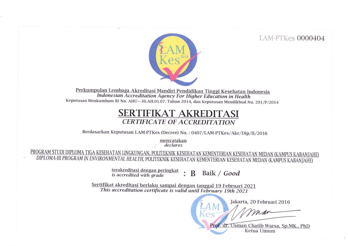 Sertifikat Akreditasi Prodi D-III Kesehatan Lingkungan yang dikeluarkan oleh LAMPTKes